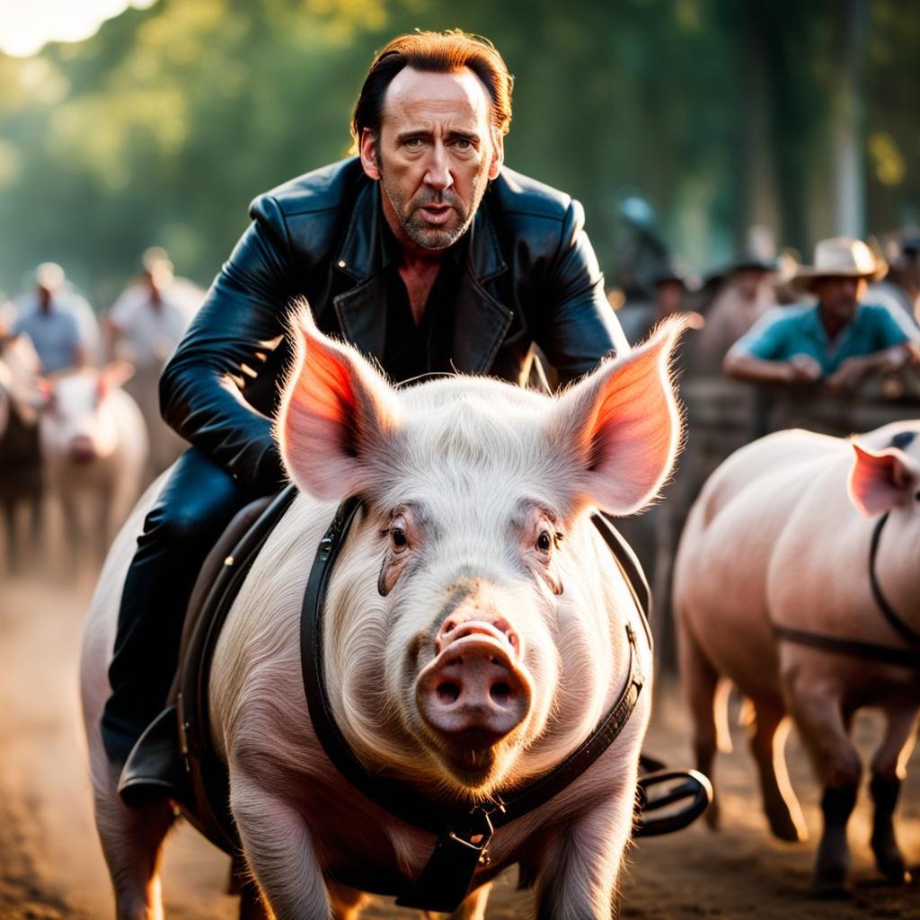 Nicolas Cage Rides a Pig: Professional Photo