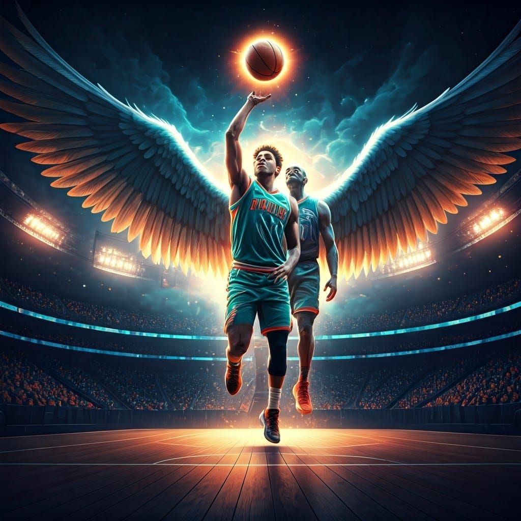 Basketball Player Slam Dunk Watched by Angel