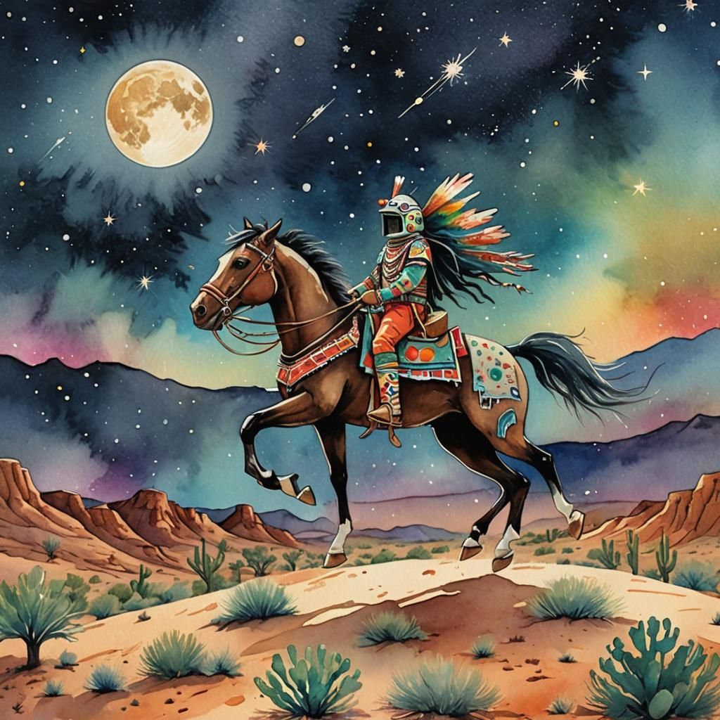 Star Chaser Kachina Rides a Comet: Watercolor Art