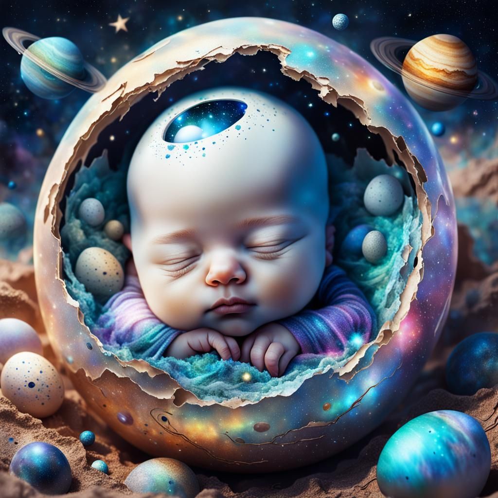 Adorable Baby Sleeps in Cosmic Eggshell: Fantasy Illustratio...