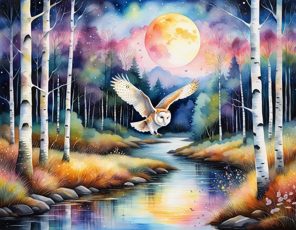 Dreamcore Goldenpunk Barn Owl in Watercolor Landscape