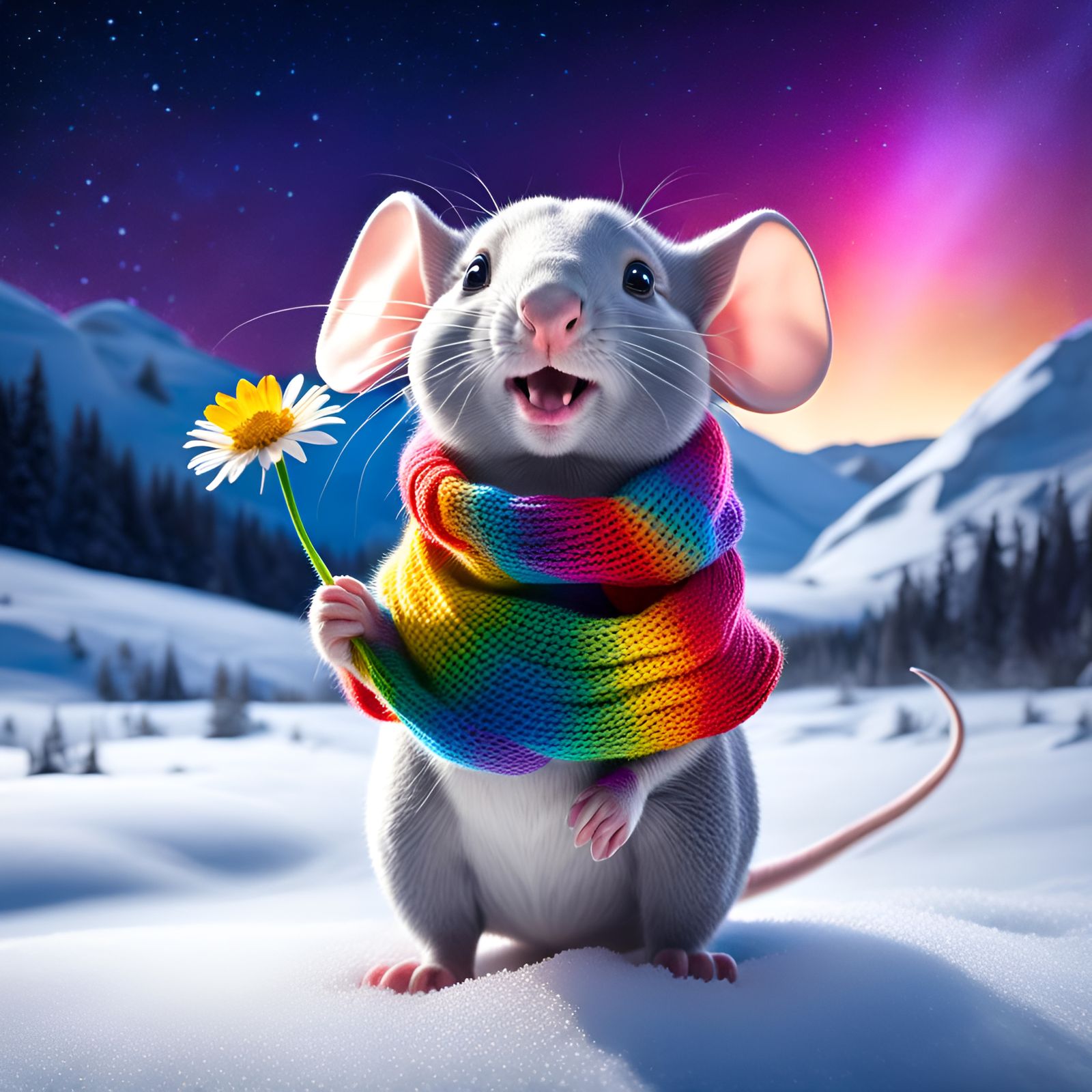 Dumbo Rat in Snowy Field with Rainbow Scarf