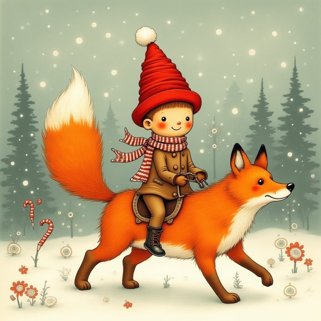 Gingerbread Man Rides Fox in Winter Wonderland