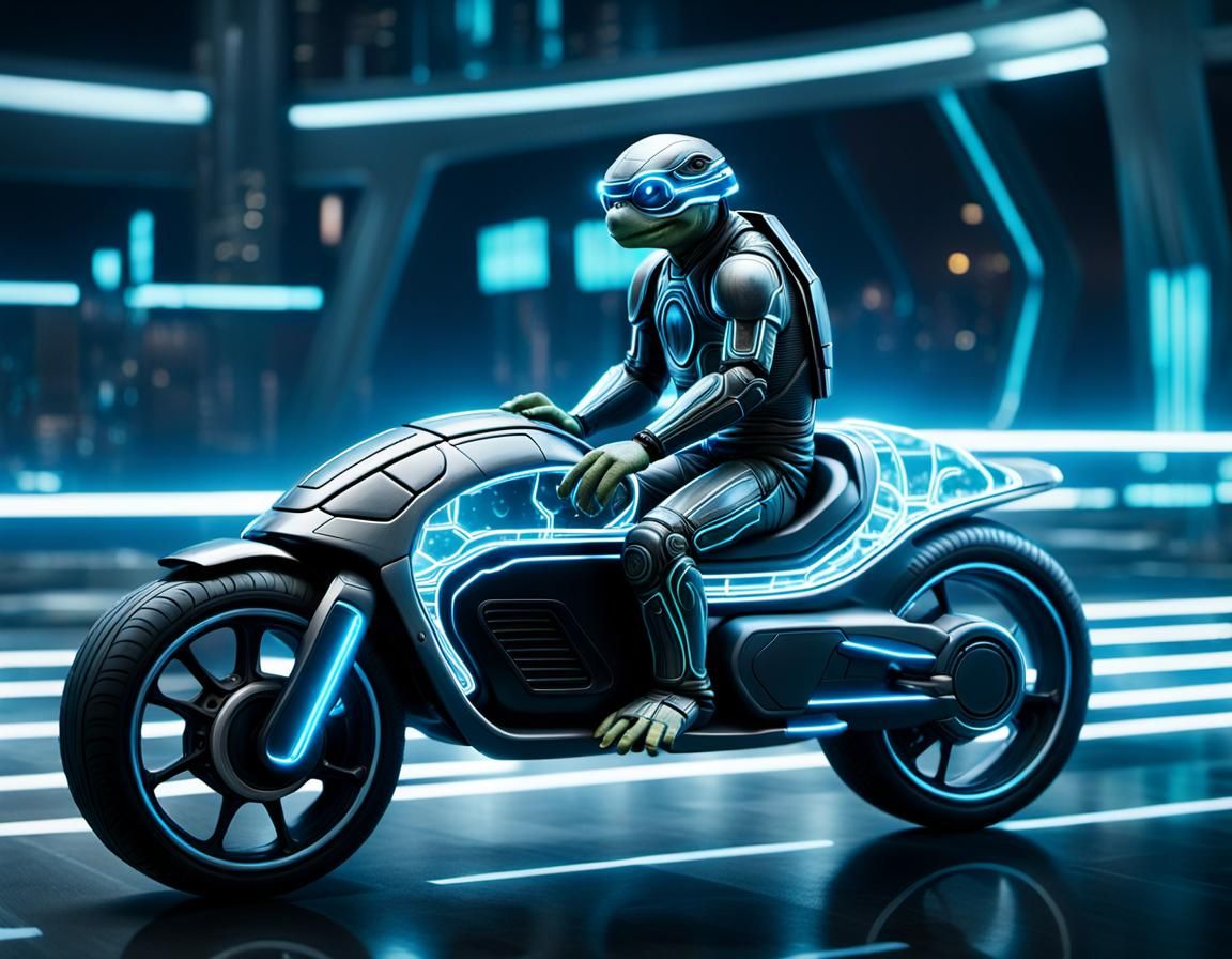 Cyberpunk Turtle on Lightcycle in Tron Universe