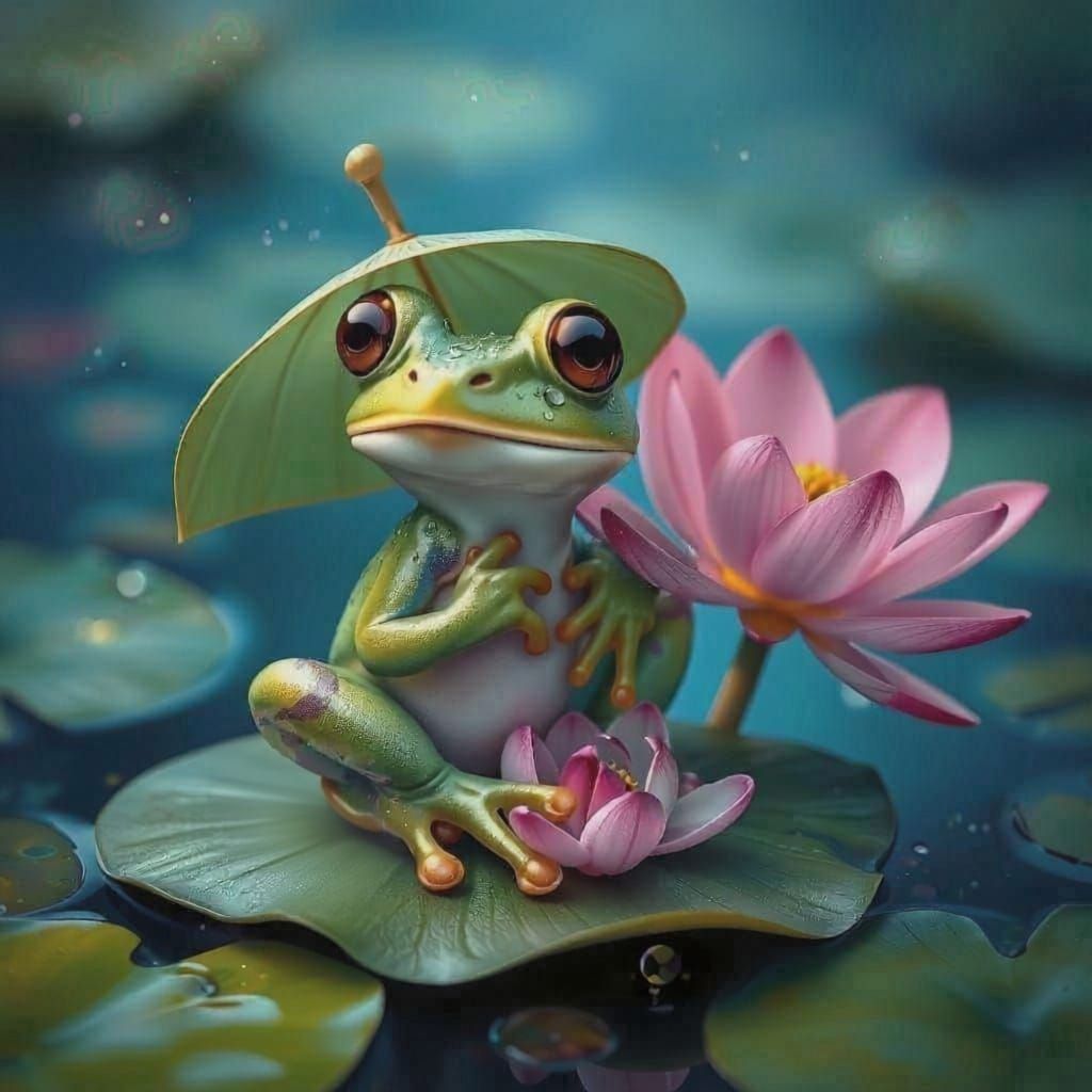 Dewdrop Frog with Leaf Umbrella on Lotus Pad
