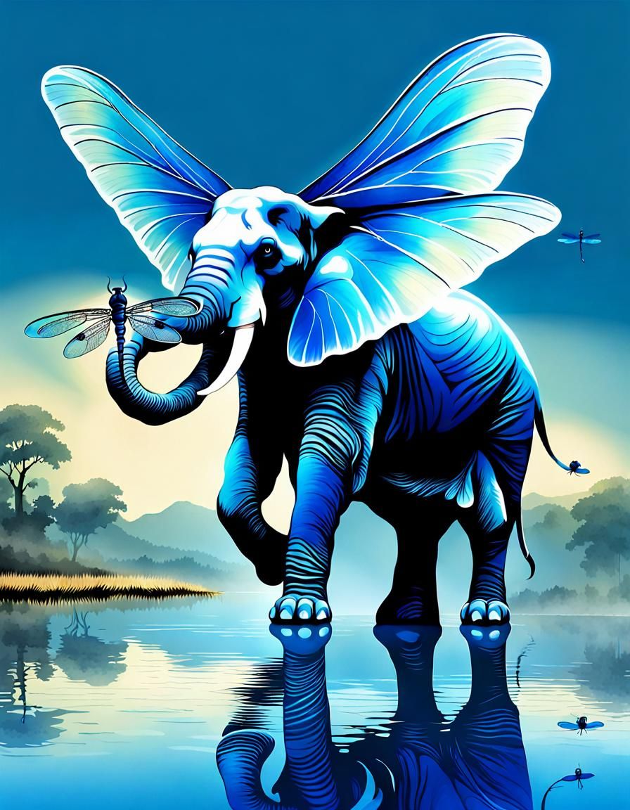 Light and delicate elephant flying  over a lake with long tr...