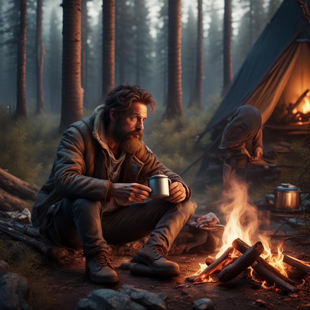 Post-Apocalyptic Man Drinking Coffee by Campfire