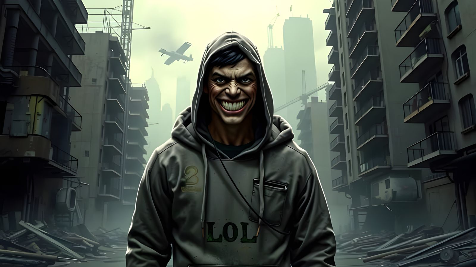 Dystopian Portrait with Rictus Grin in Ominous Mood