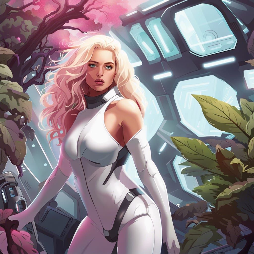 Futuristic Scientist in Spaceship Laboratory with Pink Plant...