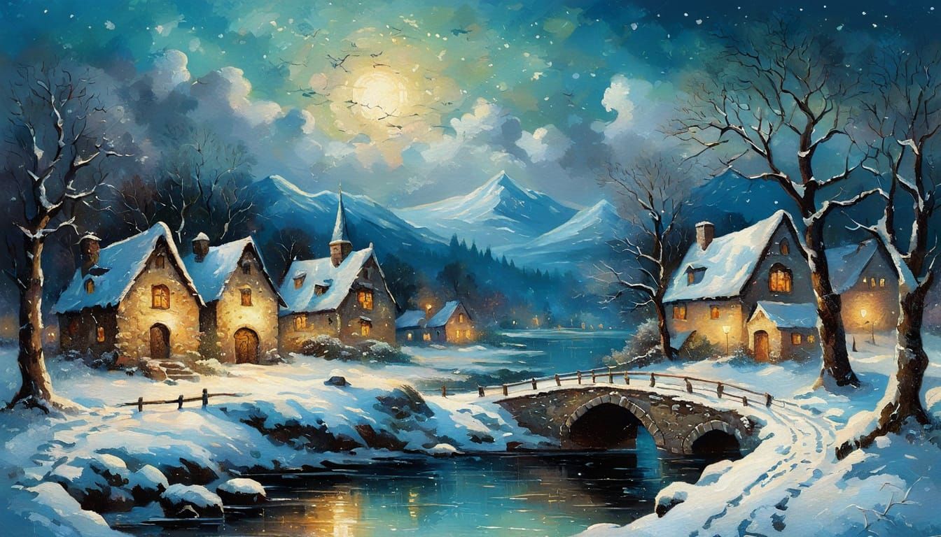 Worn Medieval Winter Night Landscape Oil Painting