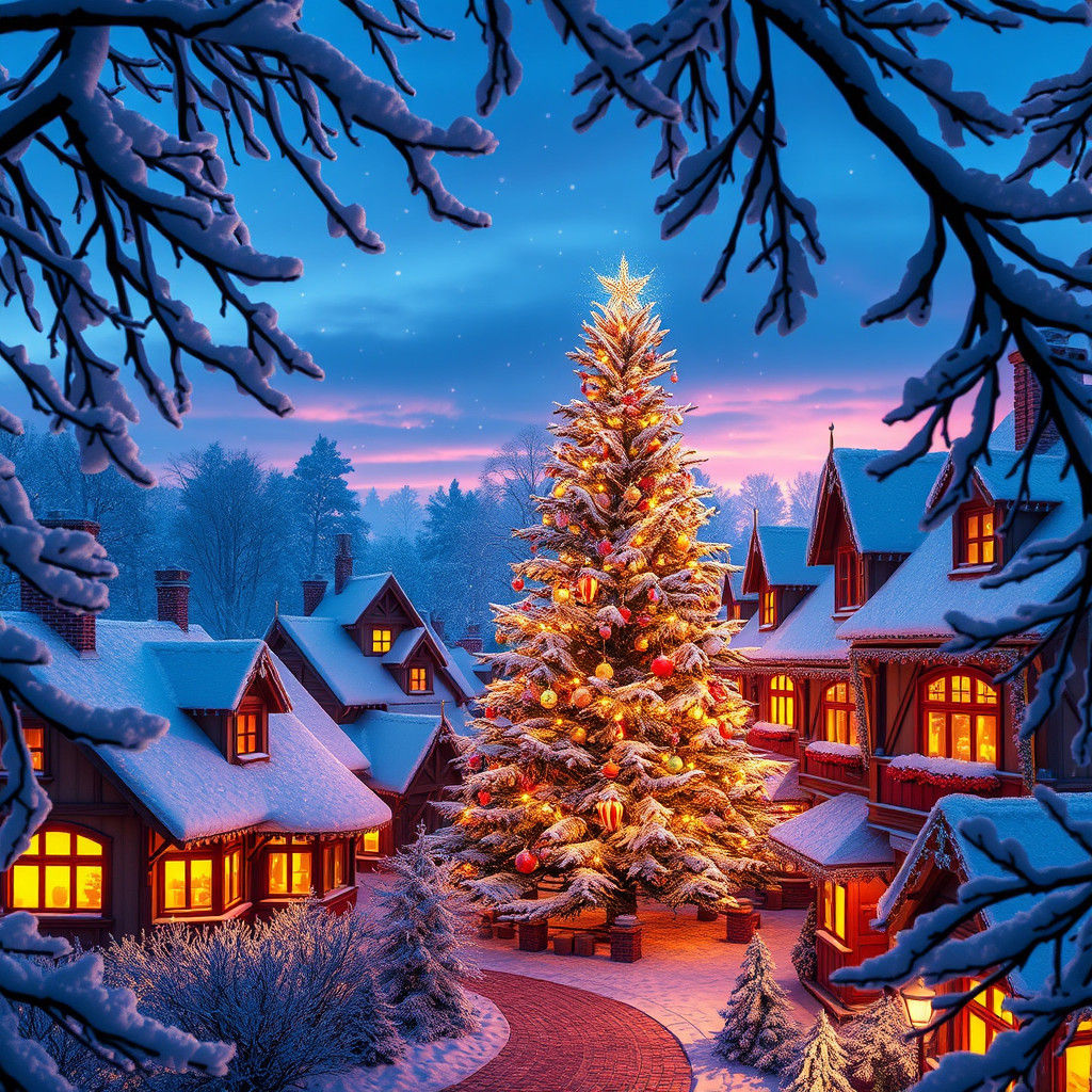 Snowy Christmas Village at Dusk with Festive Tree