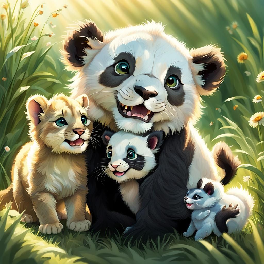 Happy Animals in Meadow, Photorealistic Illustration