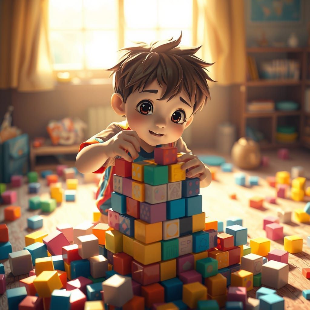Young Boy Builds Vibrant Cube Tower in Sunlit Room