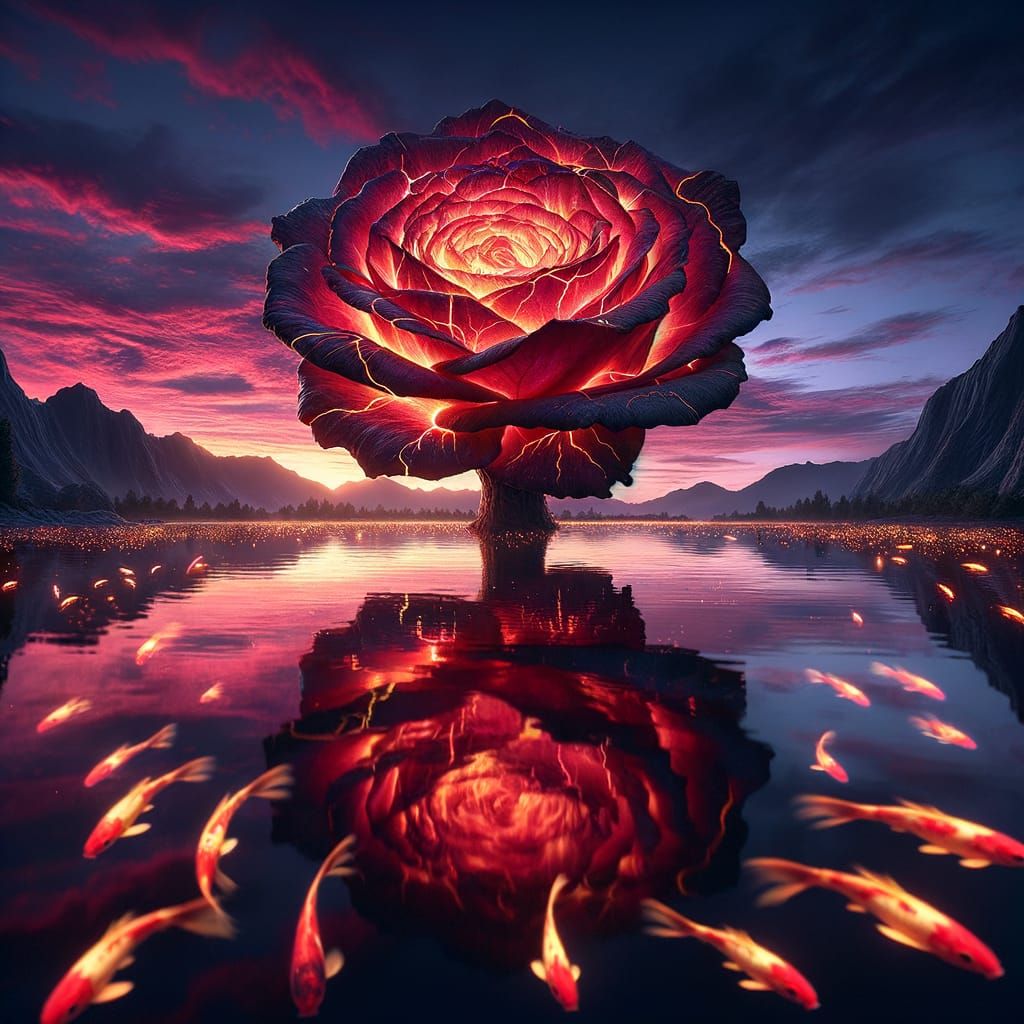 Magnificent Rose Ablaze on Twilight Lake