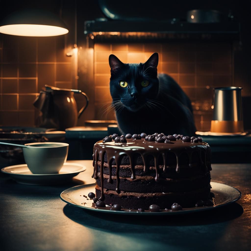 Black Cat Behind Chocolate Cake: Cinematic Film Still