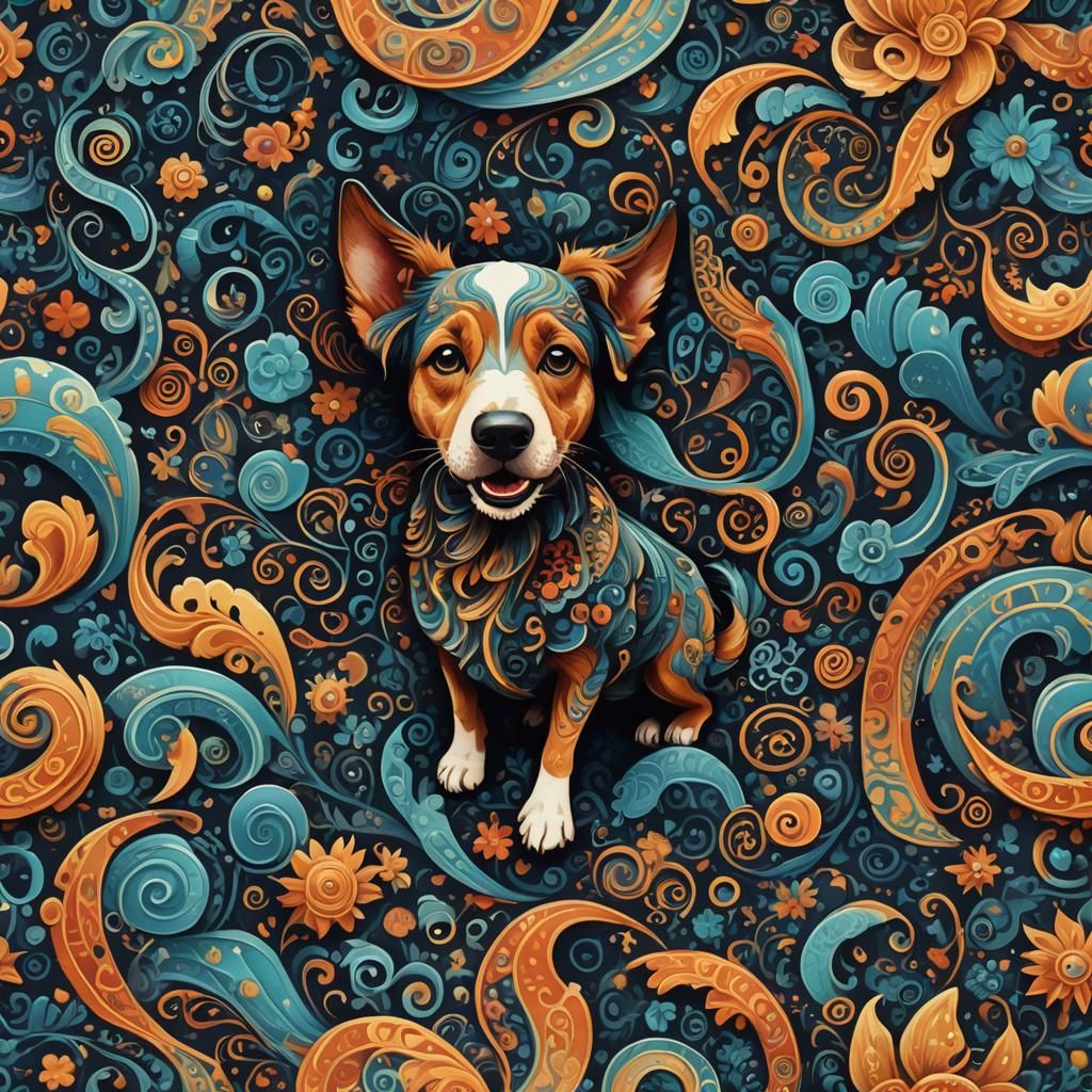 Dog in Whimsical Textile Pattern: Fantasy Art