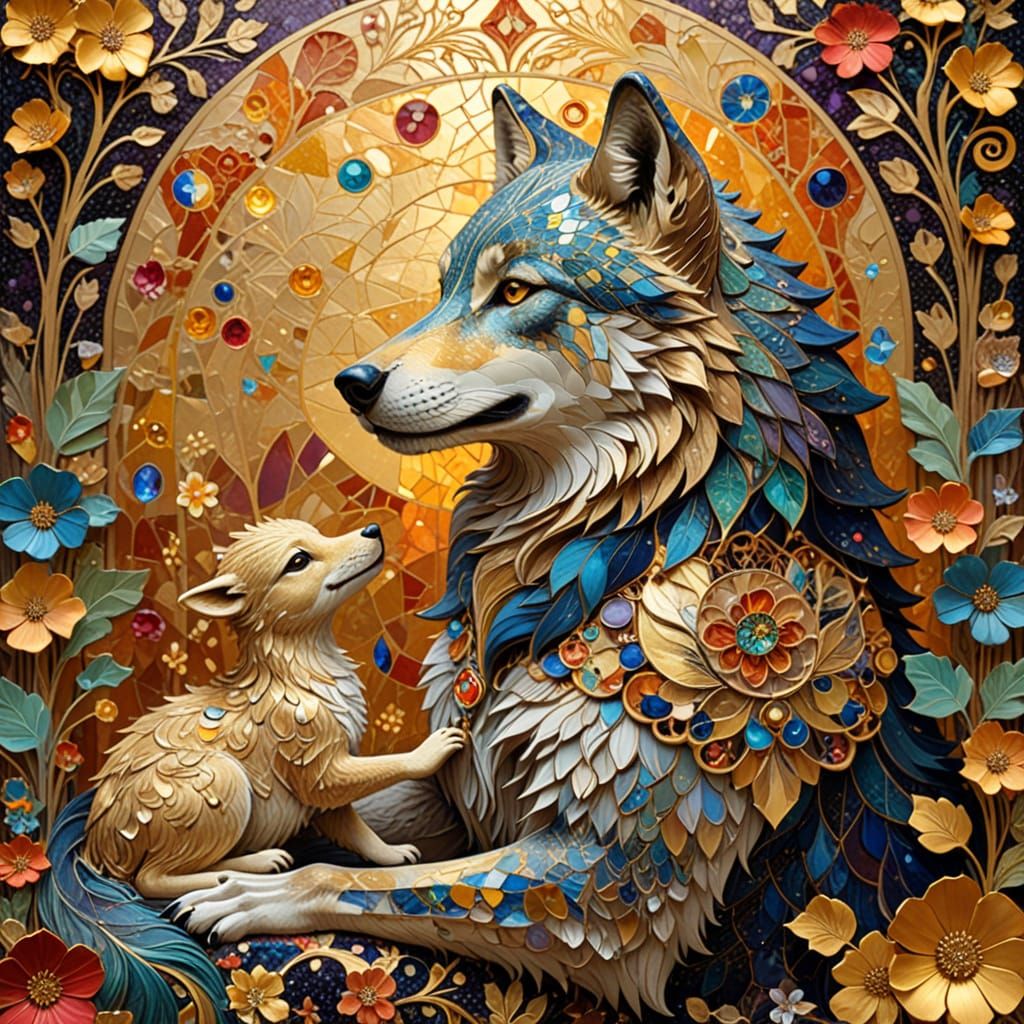 Playful Wolf and Duckling Feast in Art Nouveau Style