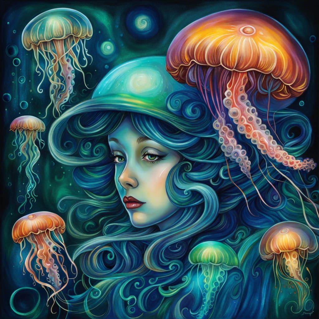 Bioluminescent Biopunk Jellyfish Woman in Fantasy Lab