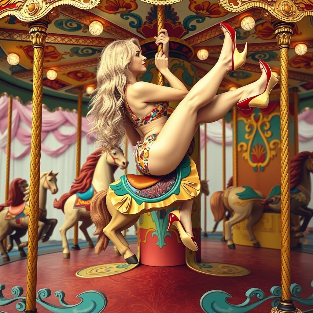 Woman on Carousel in Art Nouveau Style