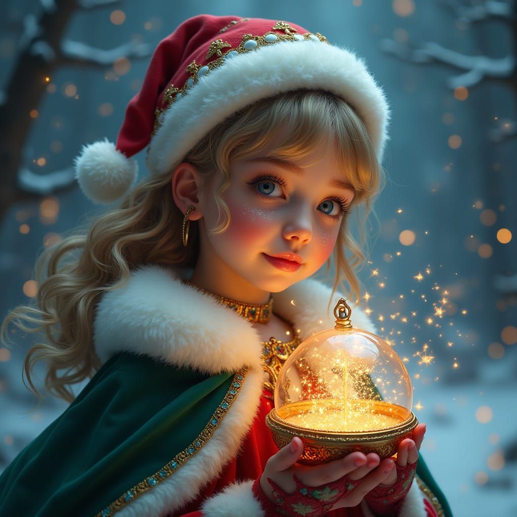 Whimsical Portrait of a Young Santa Girl in a Fantastical Sn...
