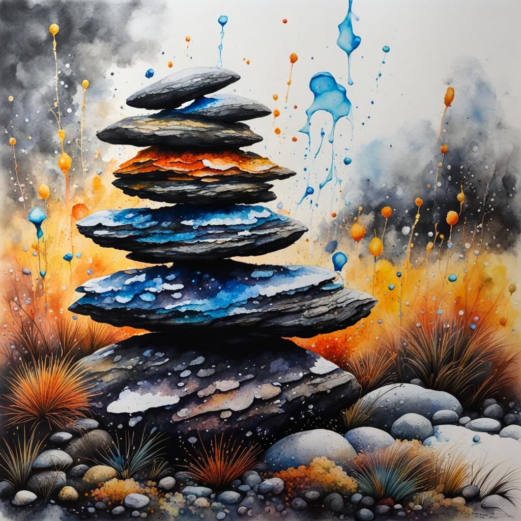 Detailed Cairn with Watercolor and Ink Splatter Effects