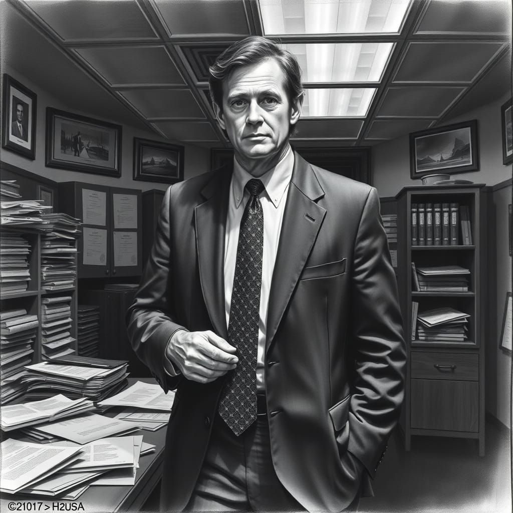 FBI Agent in Dimly Lit Bureau: Charcoal Drawing