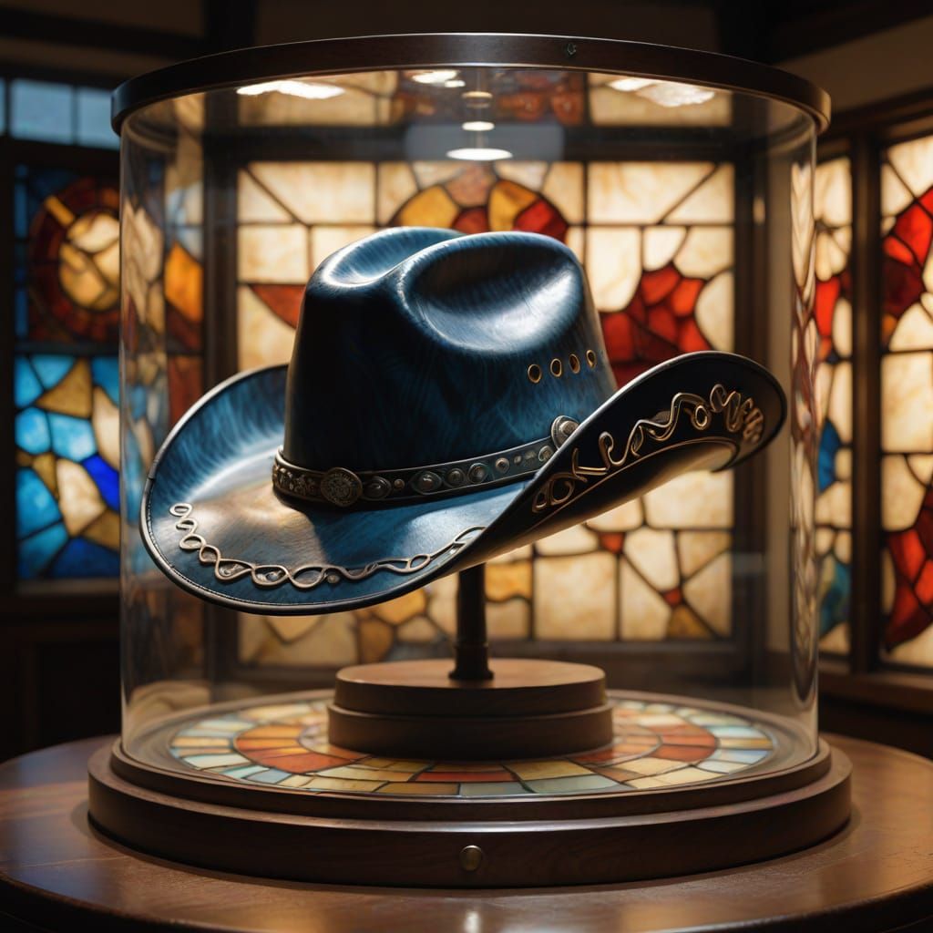 Realistic Stained Glass Cowboy Hat in Display Case