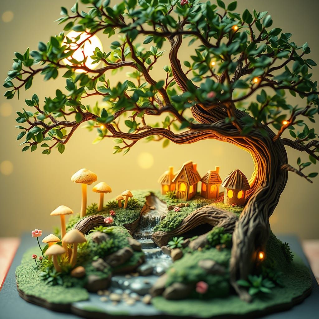 Enchanted Bonsai Forest with Fairy Village Under Moonlight