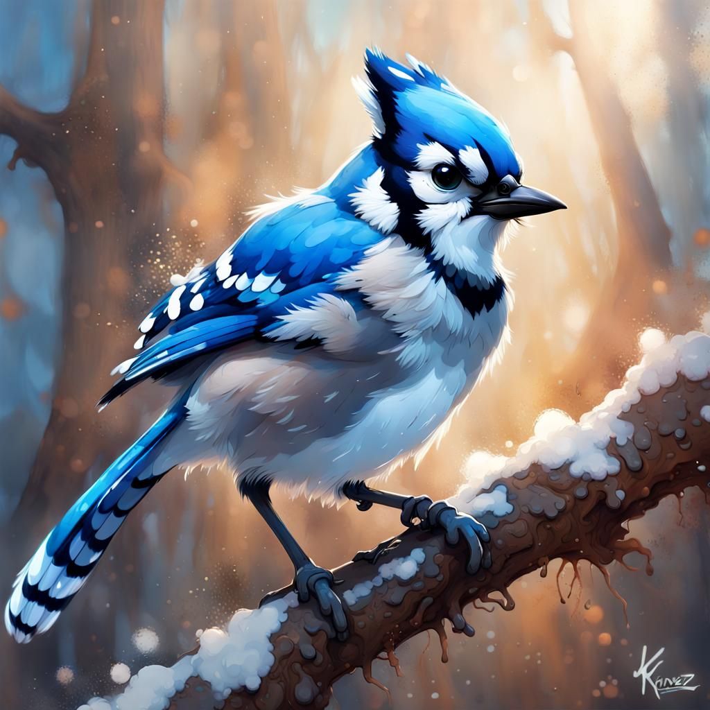 Fluffy Bluejay in Mixed Media Photoillustration