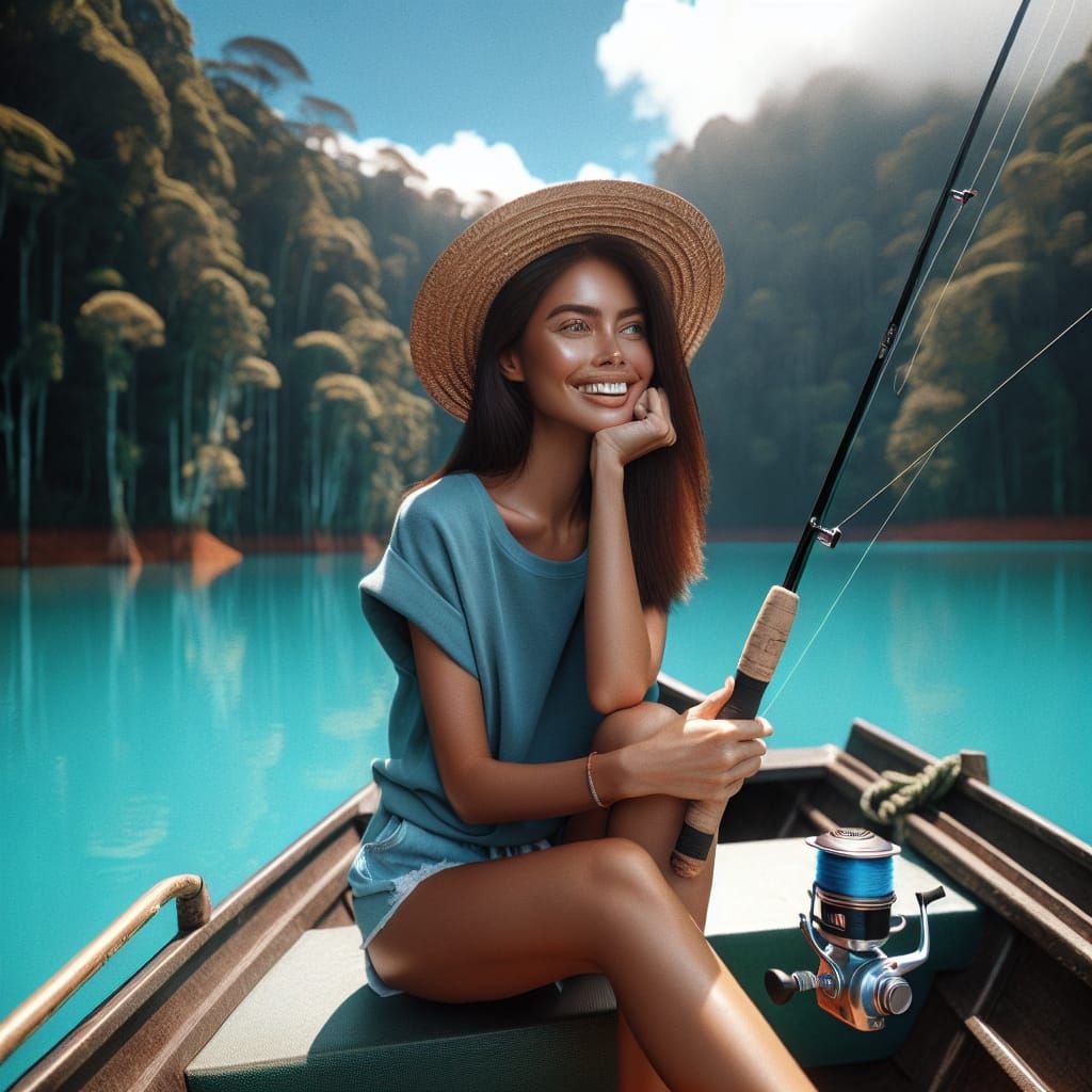Woman Fishing on Serene Turquoise Lake