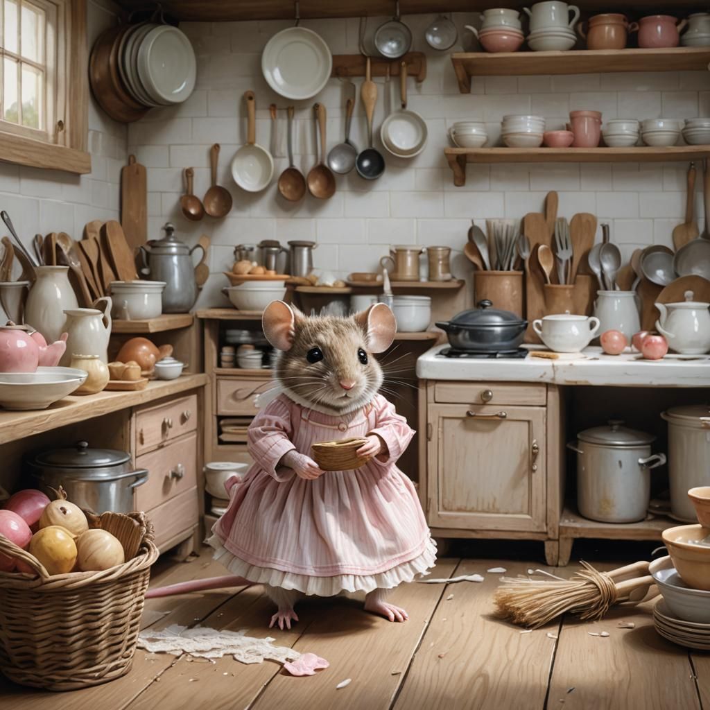 Mouse Housemaid in Kitchen, Beatrix Potter Style