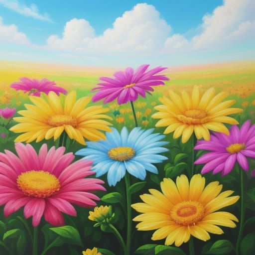 Sunny Field with Flowers and Fabrics in Oil Painting Style