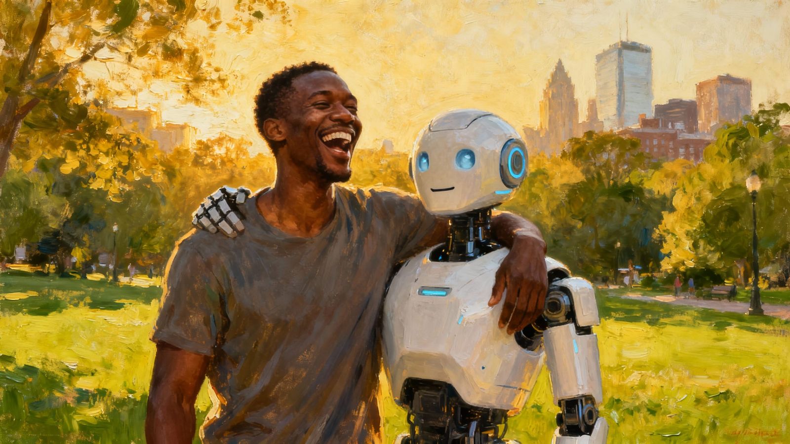 AI Robot and Man Laughing in Park Oil Painting
