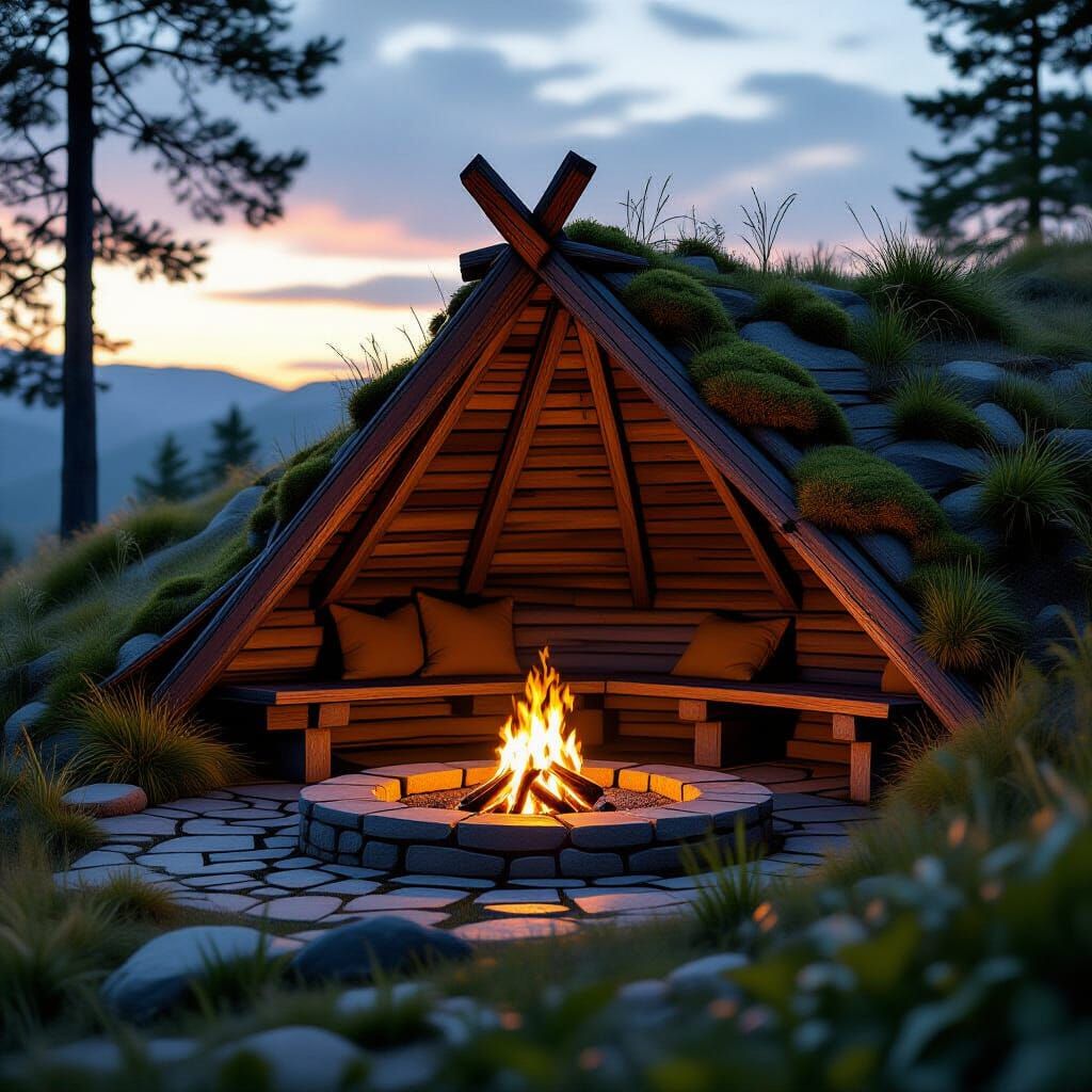 Rustic Laavu Shelter and Fire Pit at Dusk