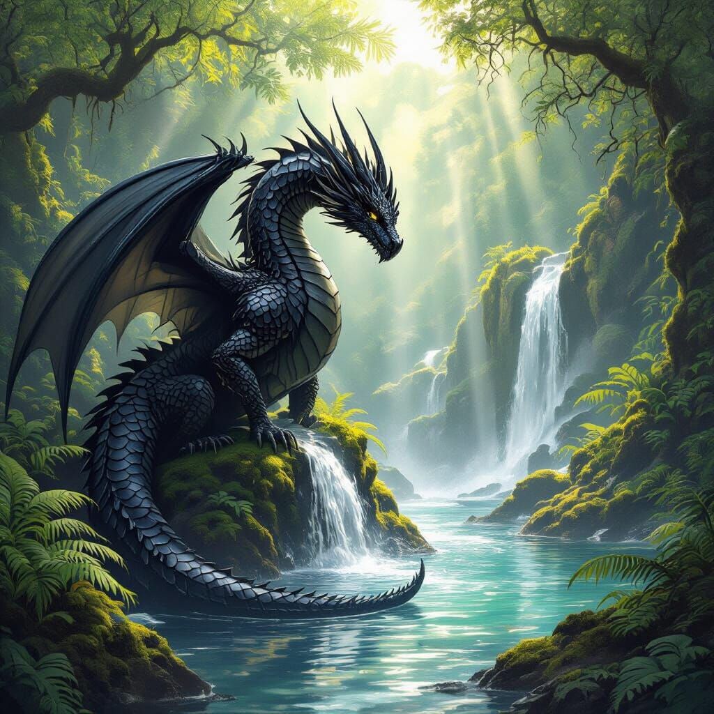 Obsidian Dragon Guarding a Hidden Waterfall