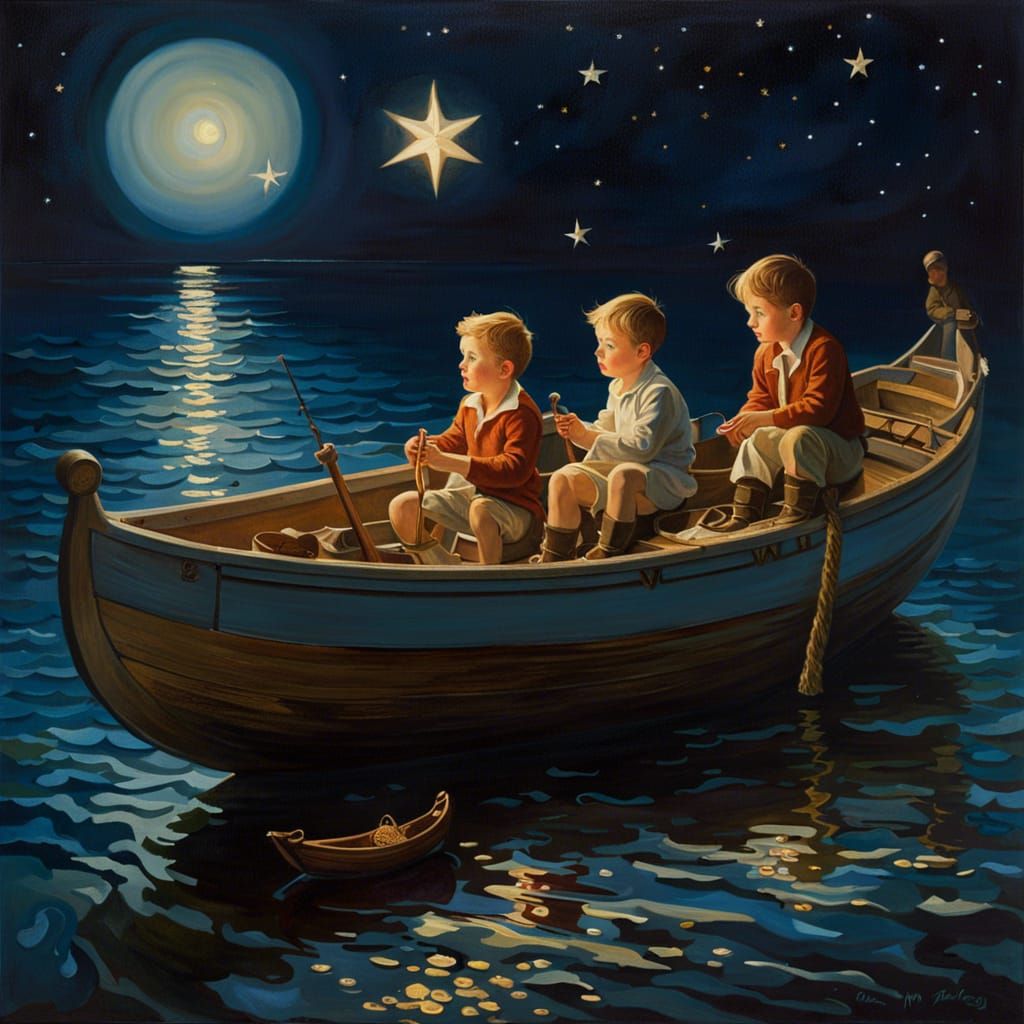 Boys Sail Starry Sea in Wooden Shoe Painting