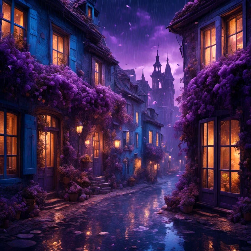 Dreamy Cobbled Street in Hyperrealistic Purple Rain