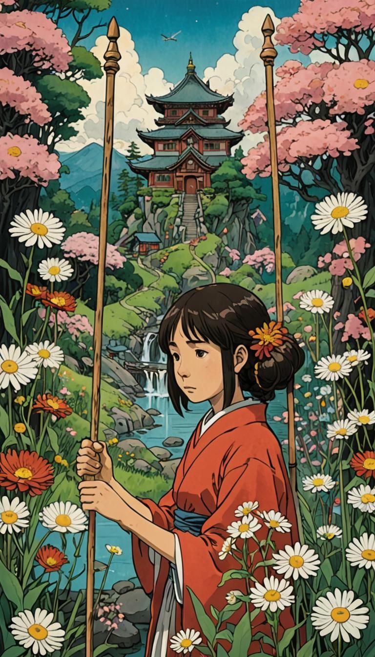 Studio Ghibli Tarot: Eight of Wands with Flowers