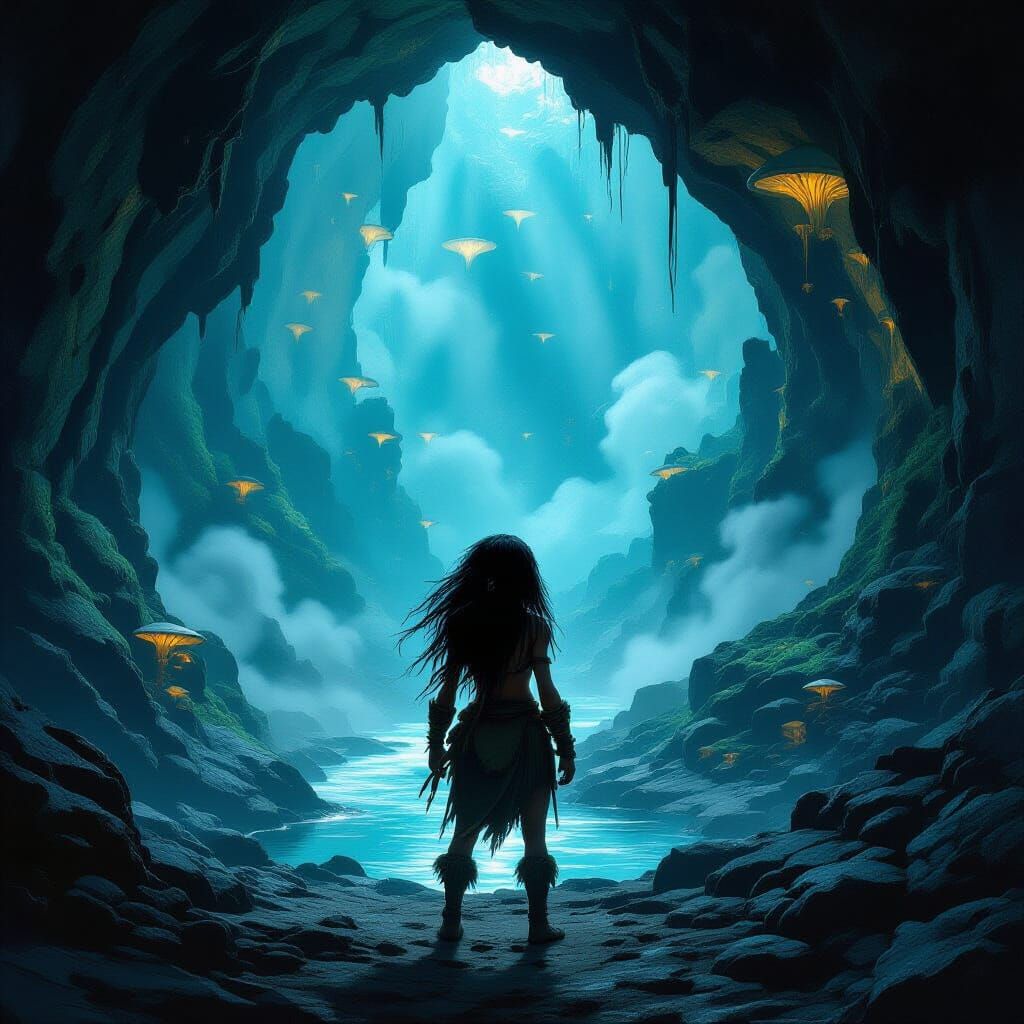 Cave Girl in Bioluminescent Cavern
