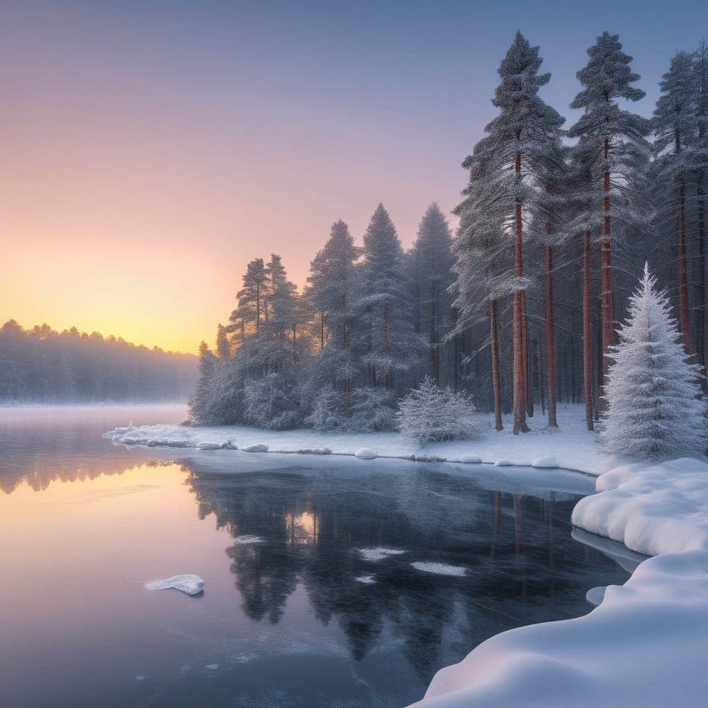 Winter Dawn on a Frozen Lake Reflects Pine Trees