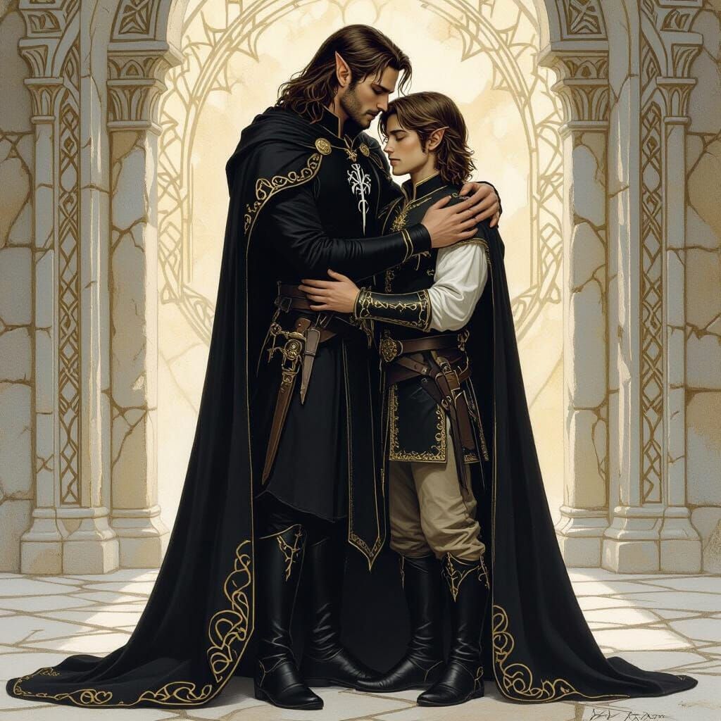 Elven King and Prince Embrace in Minas Tirith