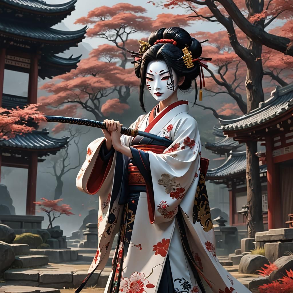 Geisha with Oni Mask in Wilderness, Anime Style