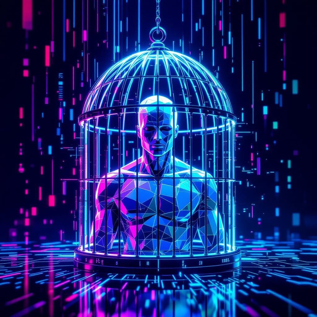 Abstract Digital Art of Man in Digital Birdcage