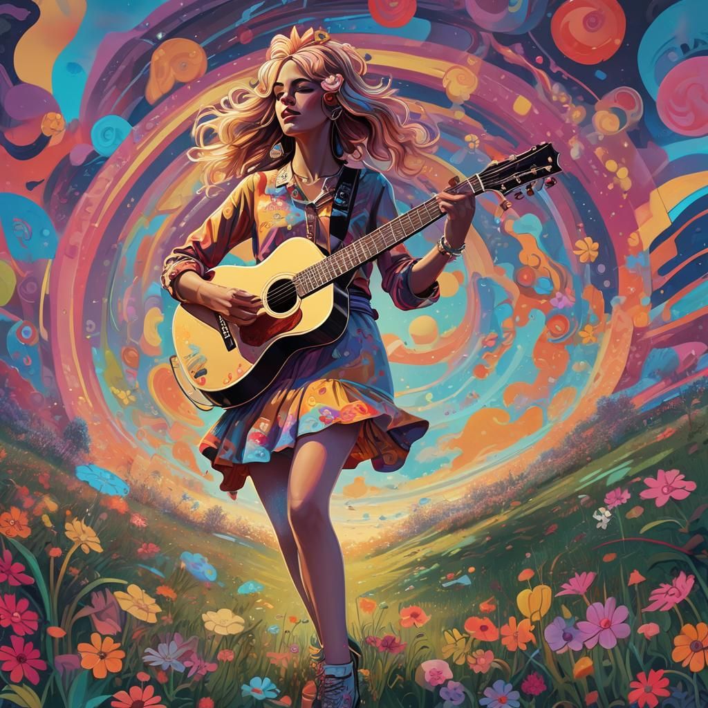 Psychedelic 70s Musician at Outdoor Music Festival