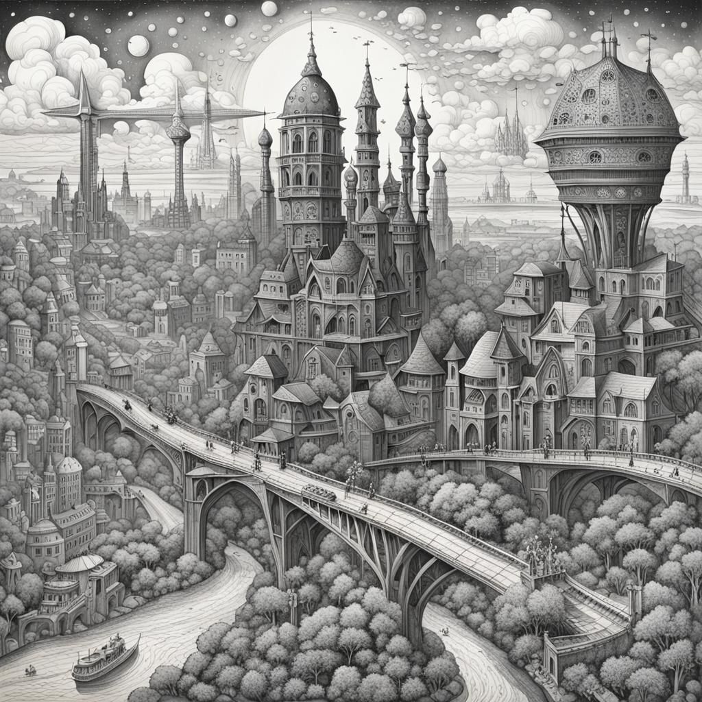 Fantastical Cityscape in Detailed Black and White Ink