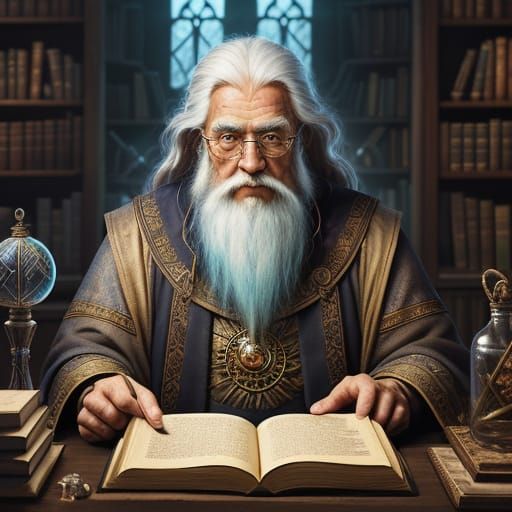 A Wise Old Wizard in a Cozy Study, Radiant with Knowledge