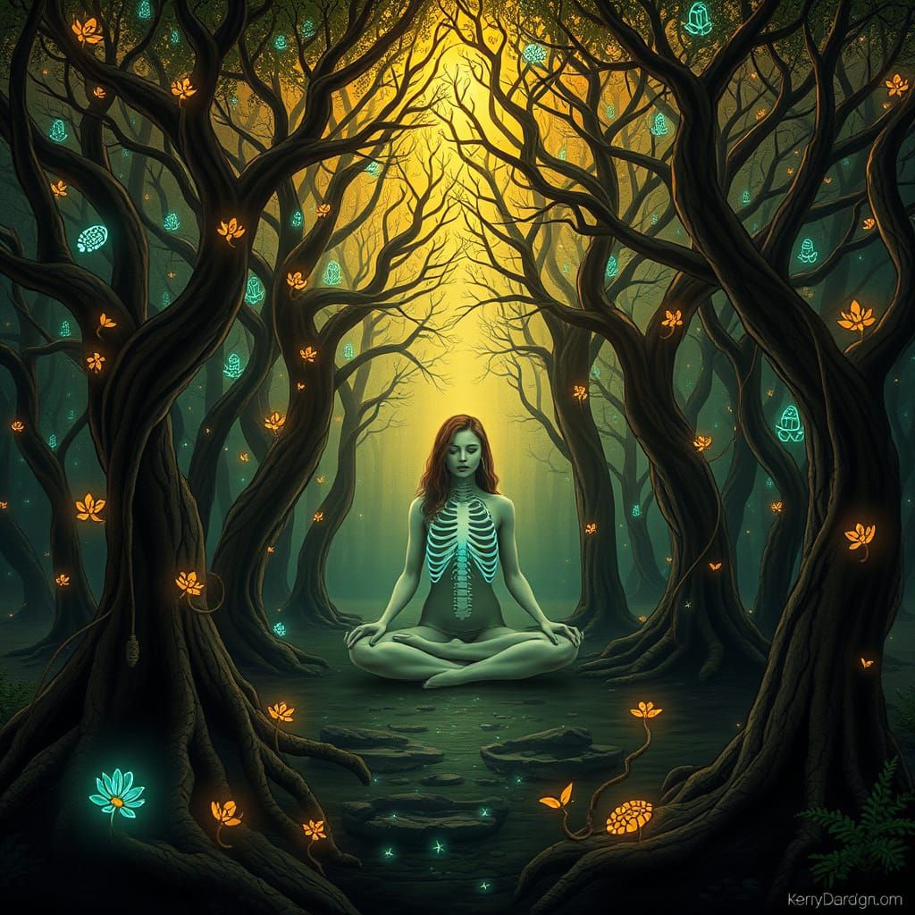 Bioluminescent Grove with Meditating Woman in Ethereal Style