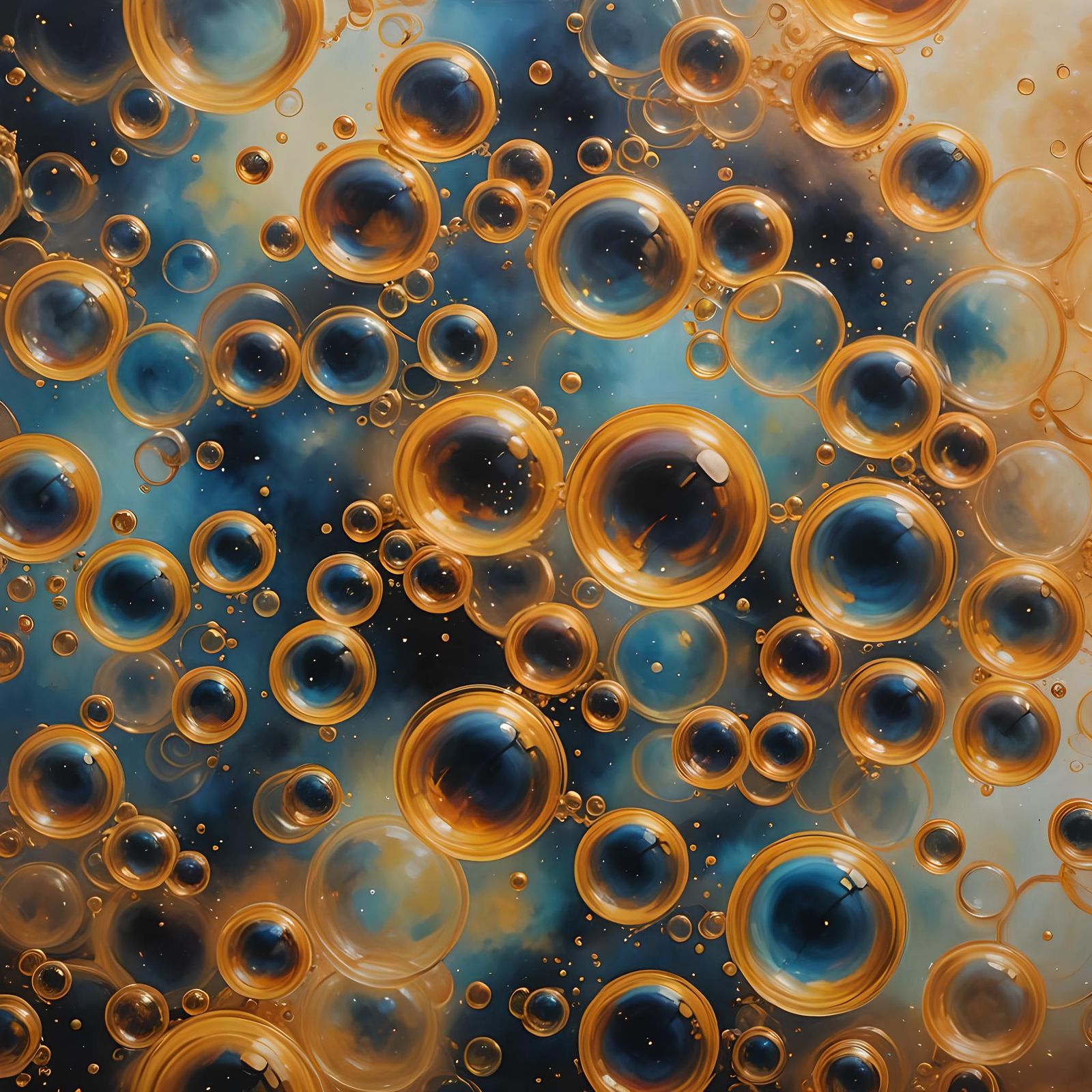Golden Nebula Bubbles in Photorealistic Oil Painting
