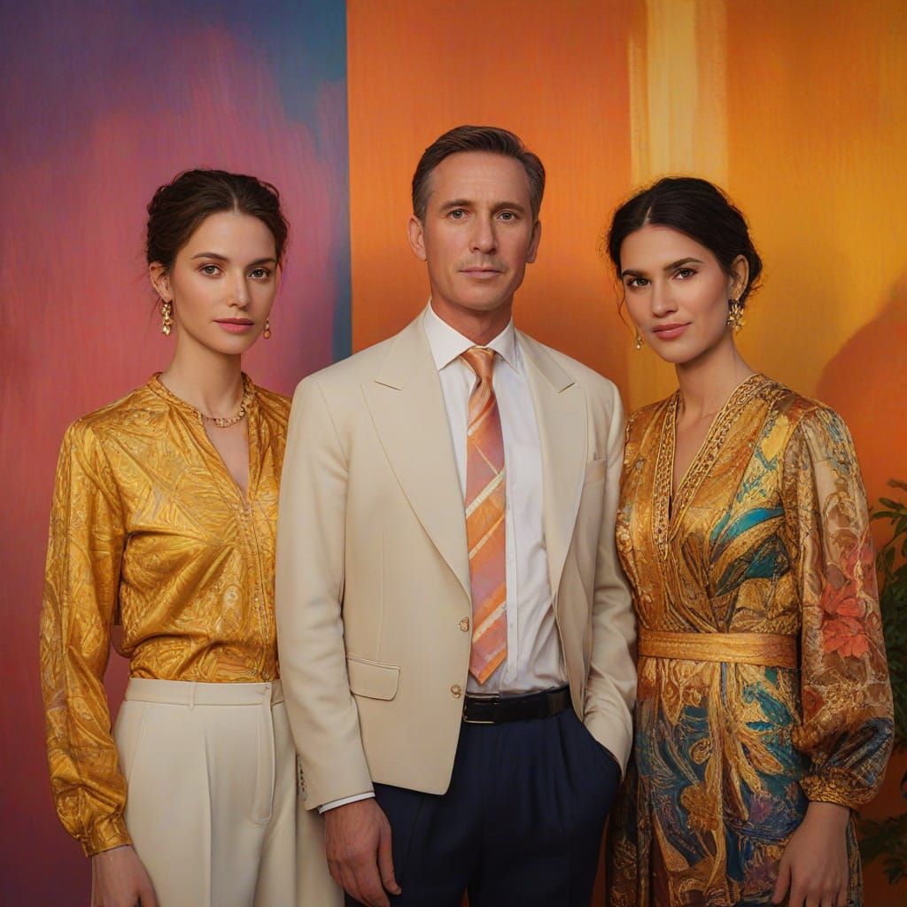 Man with Two Wives: Triadic Color Oil Painting