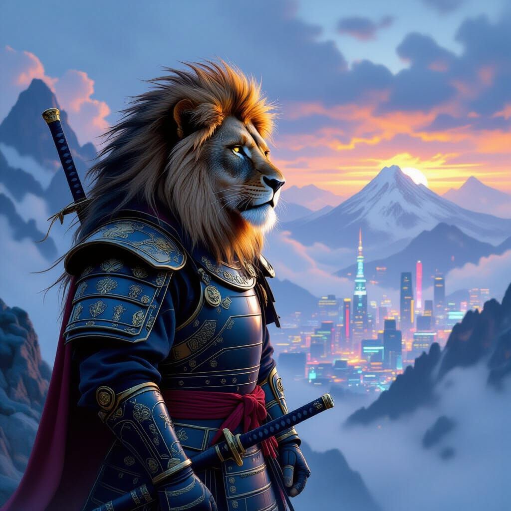 Armored Lion Over Cyberpunk City, Hyperrealistic Digital Art